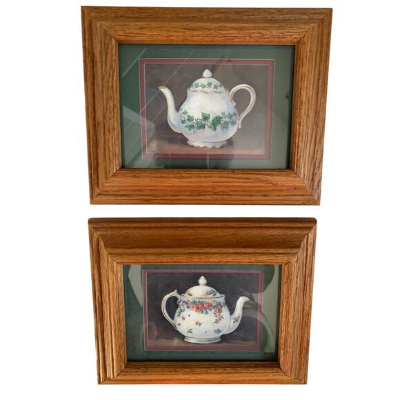 Set of 2 Barbara Mock Teapot Pictures Oak Framed Green Burgundy Double Matted - Picture 3 of 6